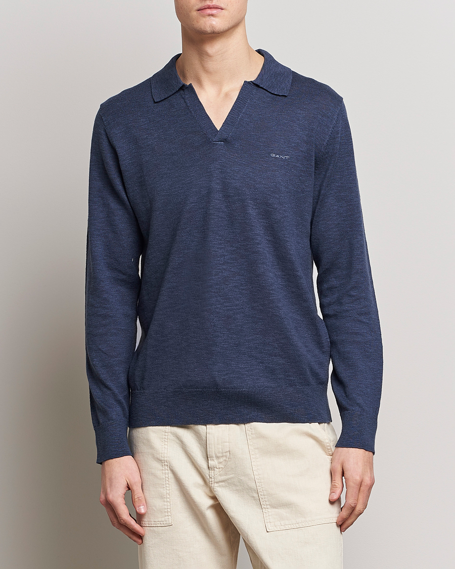 Herr | Tröjor | GANT | Cotton/Linen Knitted Polo Deep Ocean