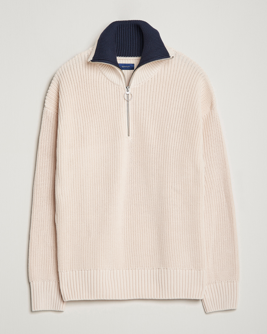 Herr | Tröjor | GANT | Chunky Ribbed Knitted Half-Zip Linen White
