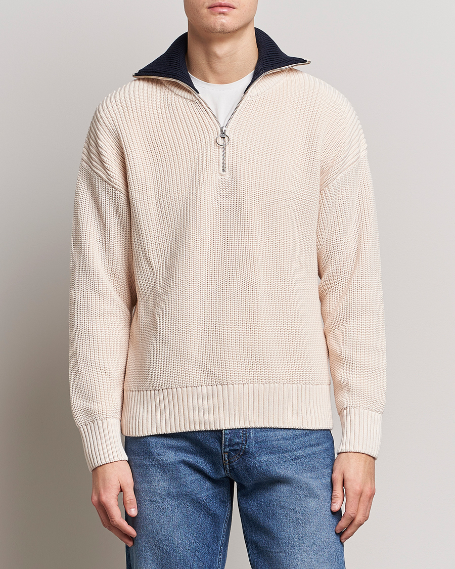 Herr | Tröjor | GANT | Chunky Ribbed Knitted Half-Zip Linen White