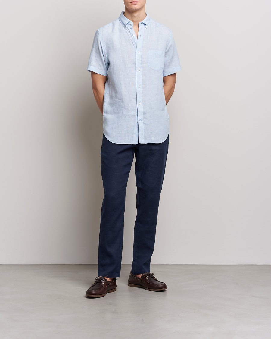 Herr | Skjortor | GANT | Regular Fit Striped Linen Short Sleeve Shirt Capri Blue