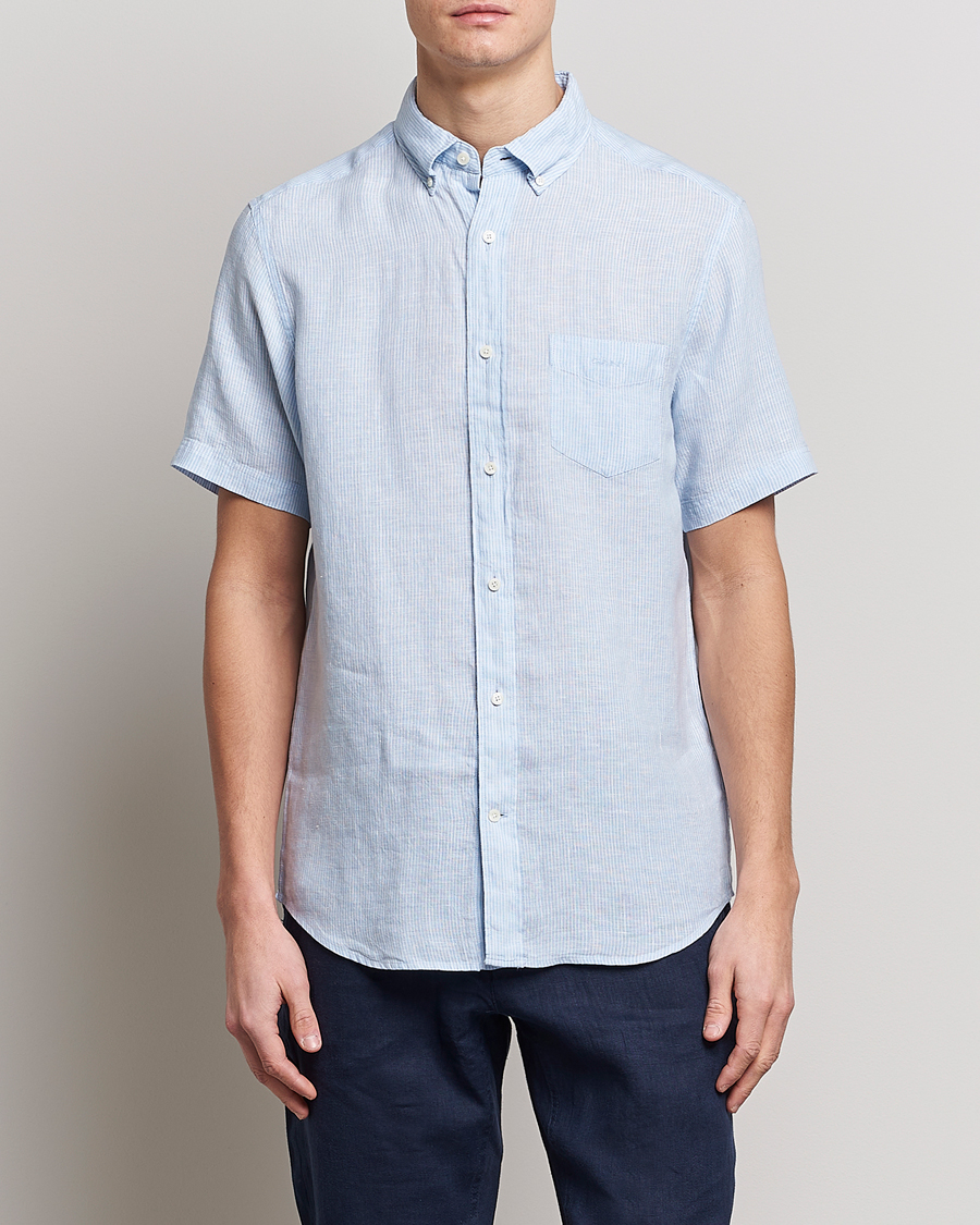 Herr | Kortärmade skjortor | GANT | Regular Fit Striped Linen Short Sleeve Shirt Capri Blue