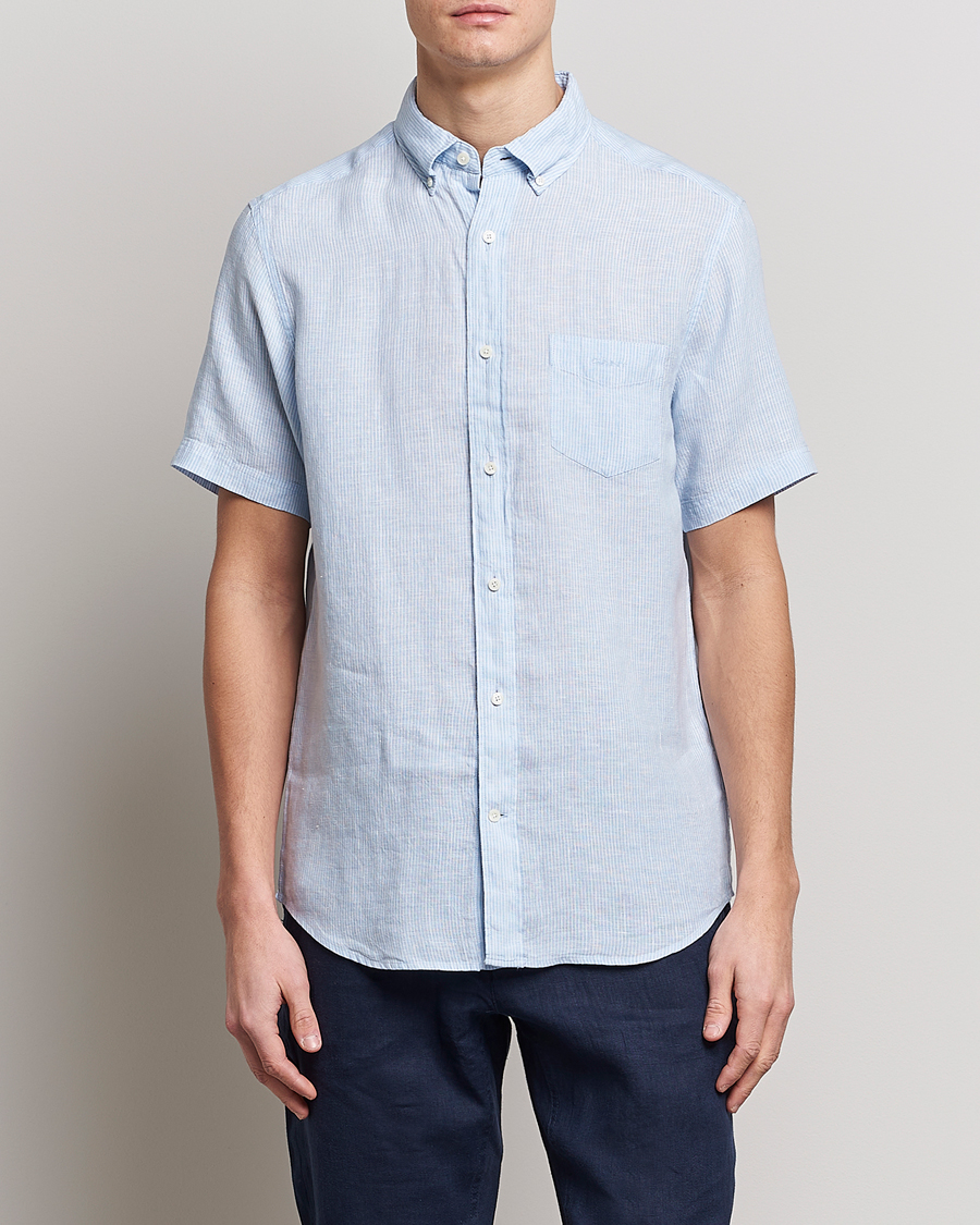 Herr | Skjortor | GANT | Regular Fit Striped Linen Short Sleeve Shirt Capri Blue