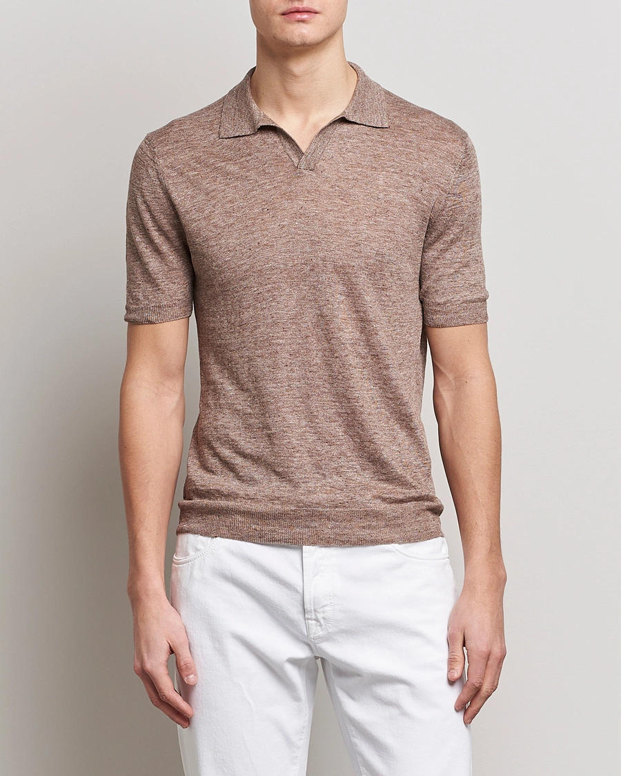 Herr | Pikéer | Gran Sasso | Knitted Linen Polo Medium Brown