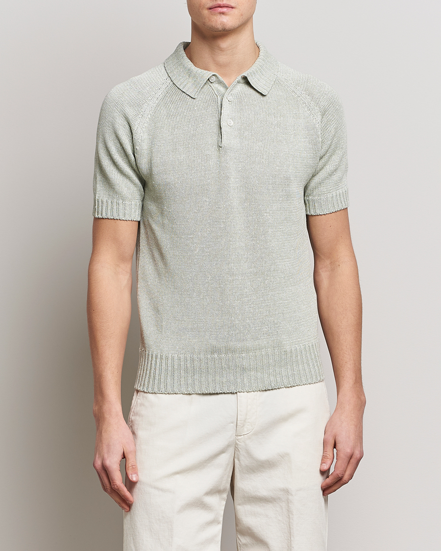 Herr | Pikéer | Gran Sasso | Cotton/Linen Knitted Polo Light Green