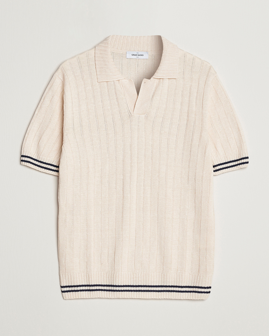 Herr | Pikéer | Gran Sasso | Cotton/Linen Structured Knitted Polo Cream