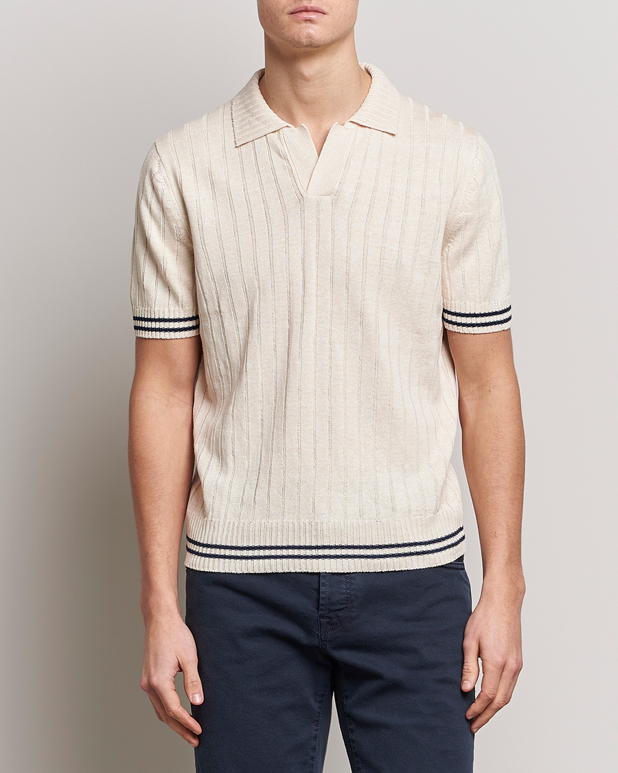 Herr | Pikéer | Gran Sasso | Cotton/Linen Structured Knitted Polo Cream