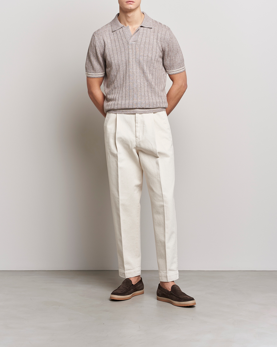 Herr | Pikéer | Gran Sasso | Cotton/Linen Structured Knitted Polo Beige