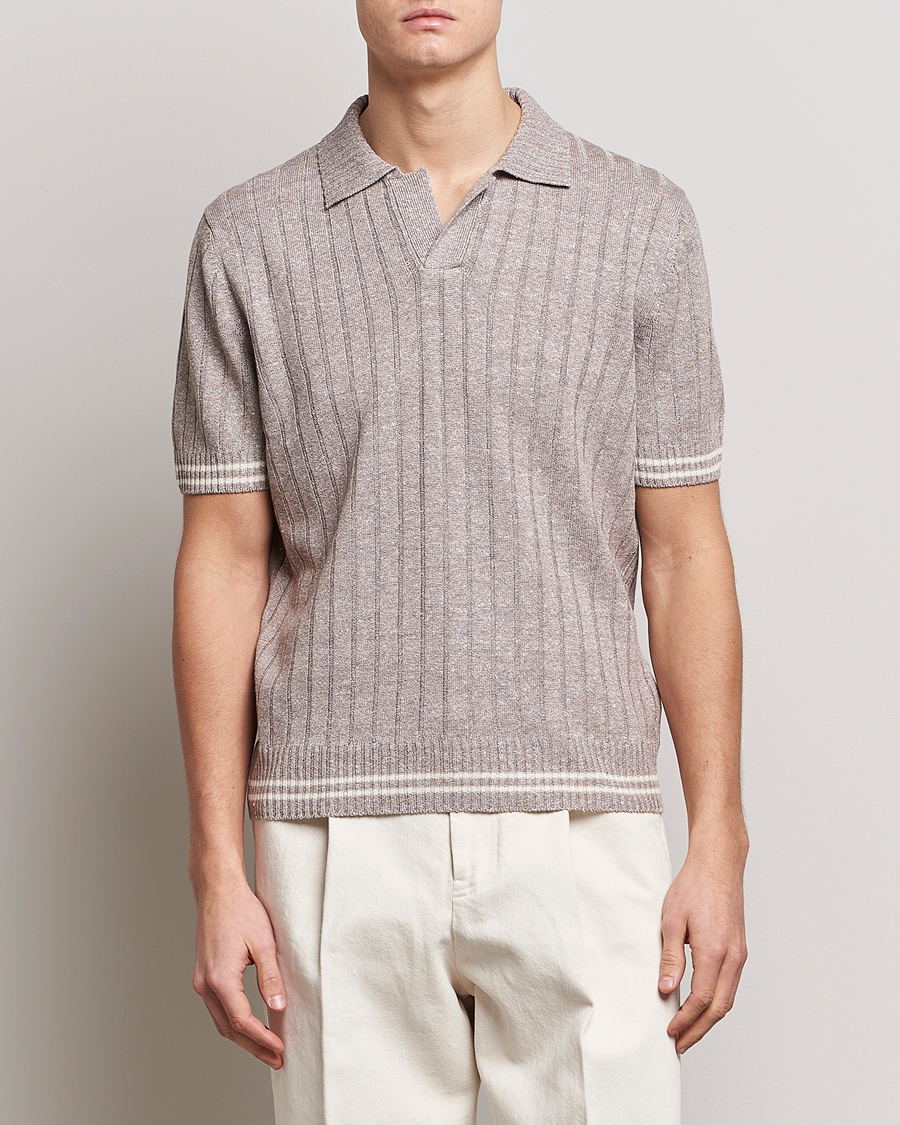 Herr | Pikéer | Gran Sasso | Cotton/Linen Structured Knitted Polo Beige