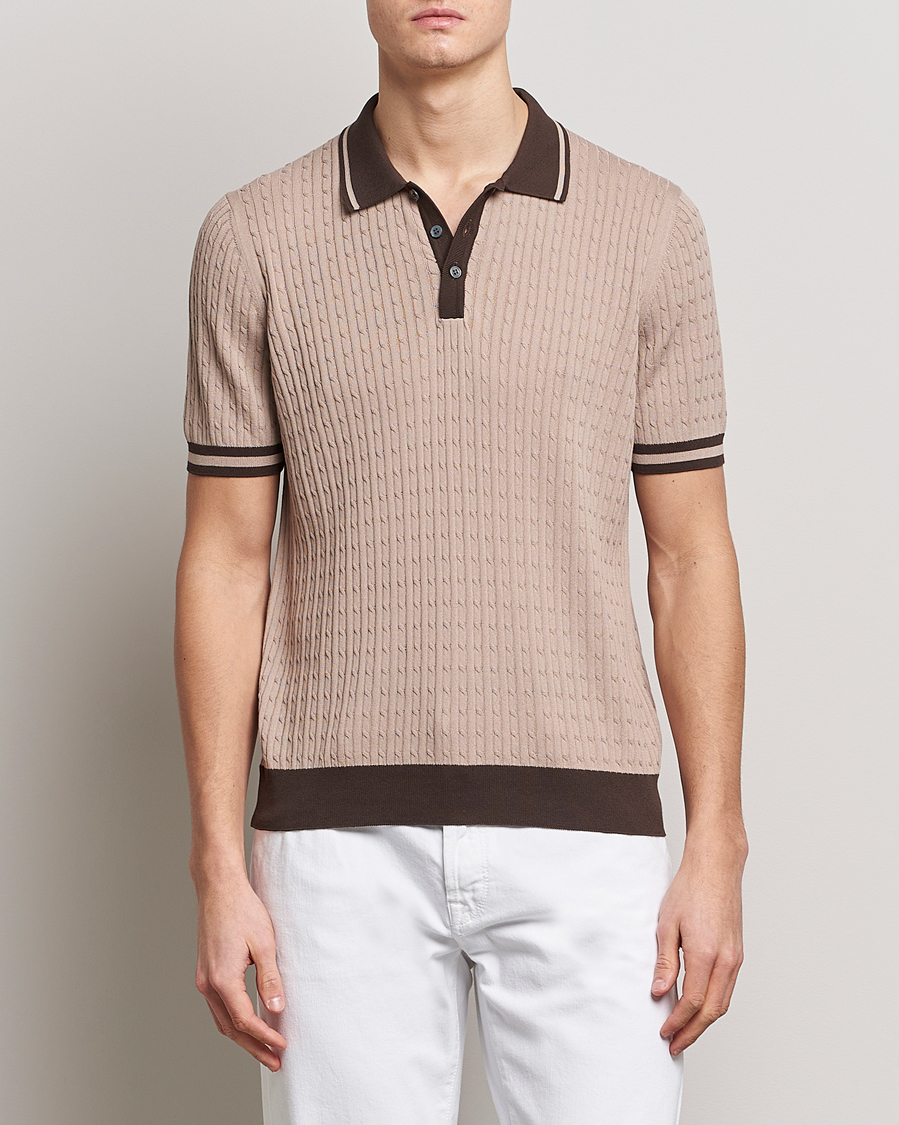 Herr | Italian Department | Gran Sasso | Cable Knitted Contrast Polo Beige