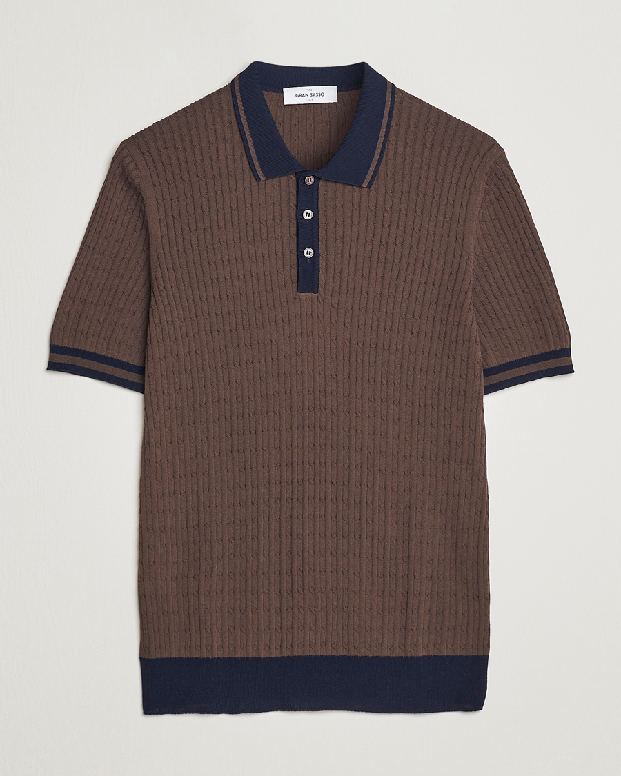 Herr | Pikéer | Gran Sasso | Cable Knitted Contrast Polo Dark Brown