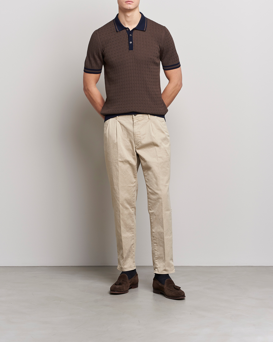 Herr | Pikéer | Gran Sasso | Cable Knitted Contrast Polo Dark Brown