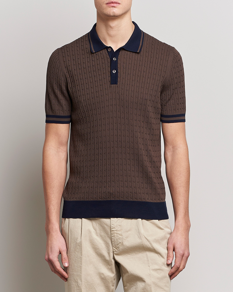 Herr |  | Gran Sasso | Cable Knitted Contrast Polo Dark Brown