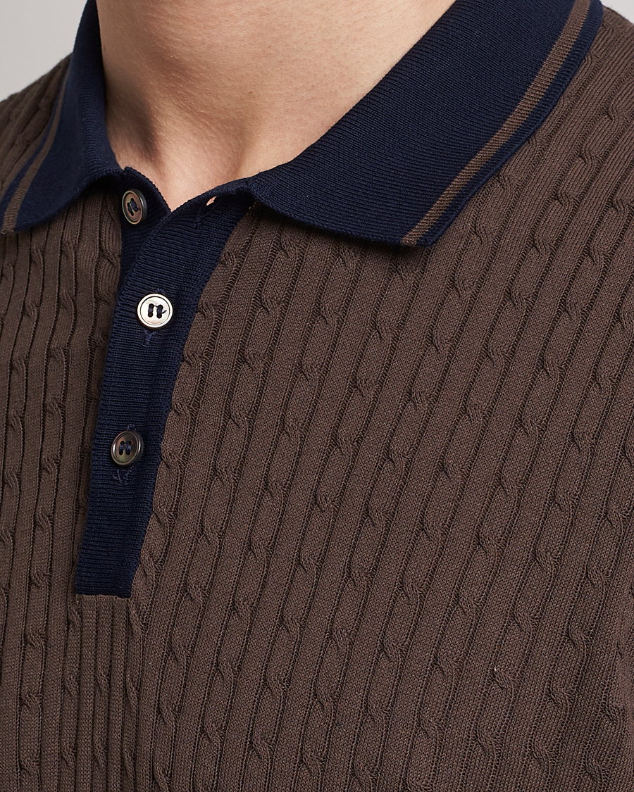 Herr | Pikéer | Gran Sasso | Cable Knitted Contrast Polo Dark Brown