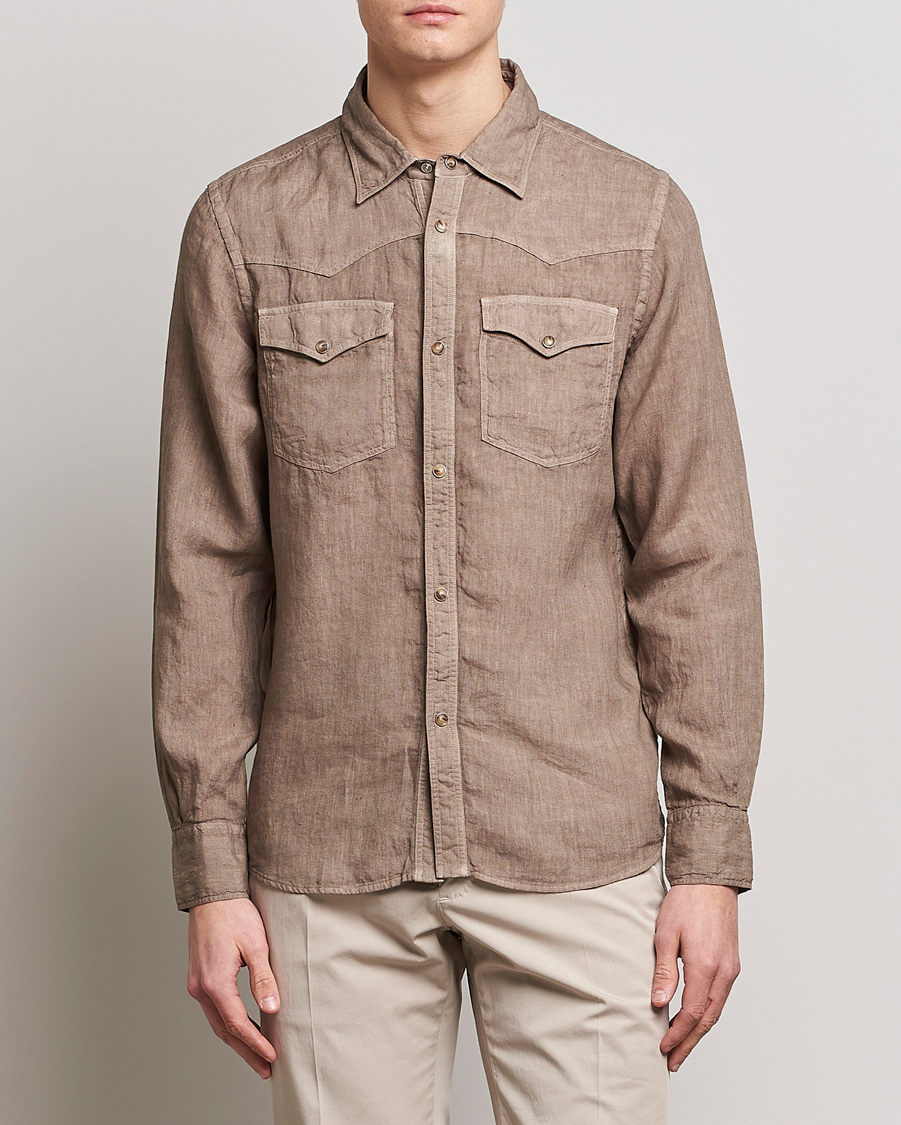 Herr | Gran Sasso | Gran Sasso | Casual Pocket Linen Shirt Medium Brown