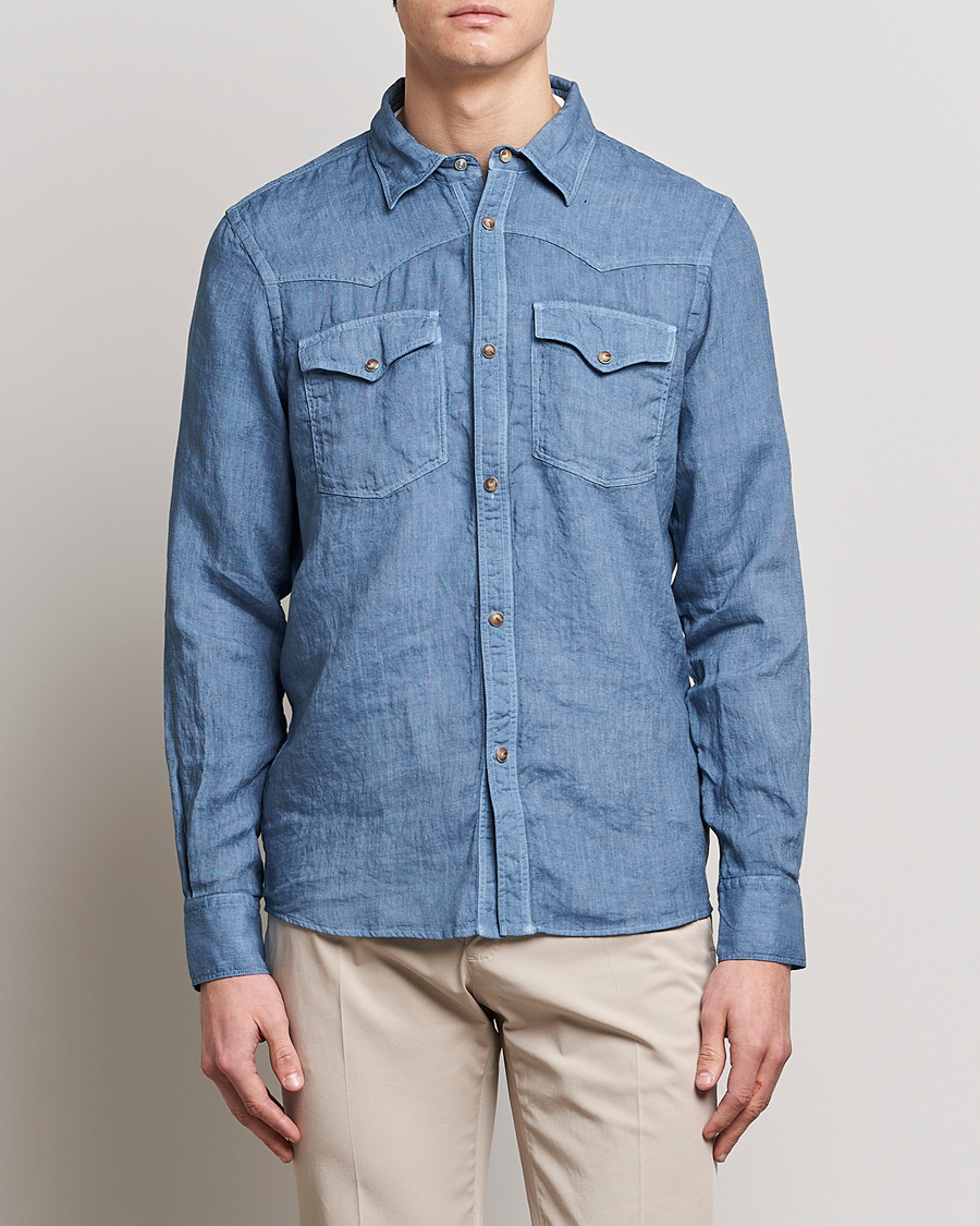 Herr |  | Gran Sasso | Casual Pocket Linen Shirt Blue