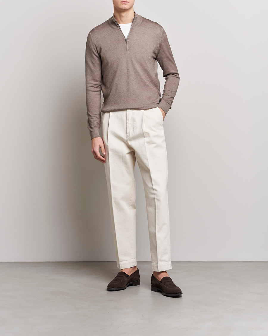 Herr | Tröjor | Gran Sasso | Summer Merino Half Zip Sweater Brown Melange