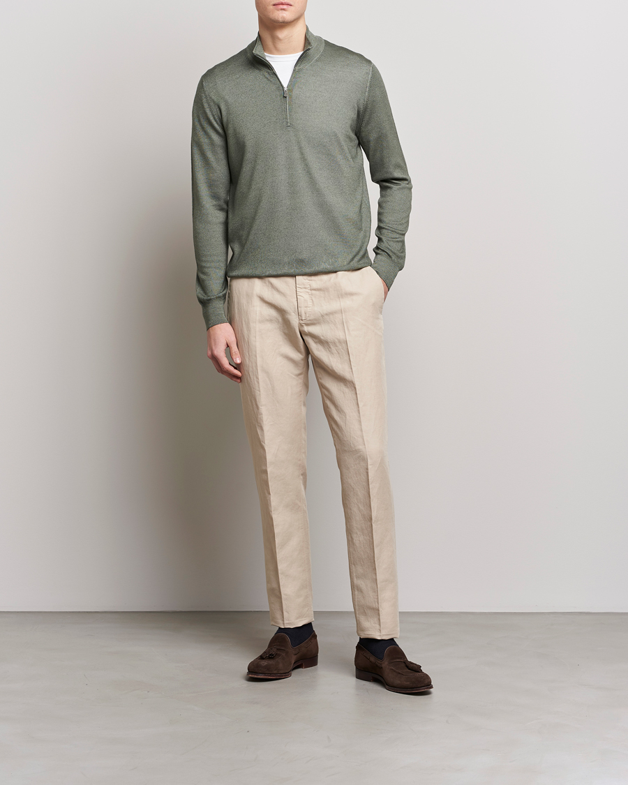 Herr | Tröjor | Gran Sasso | Summer Merino Half Zip Sweater Green Melange