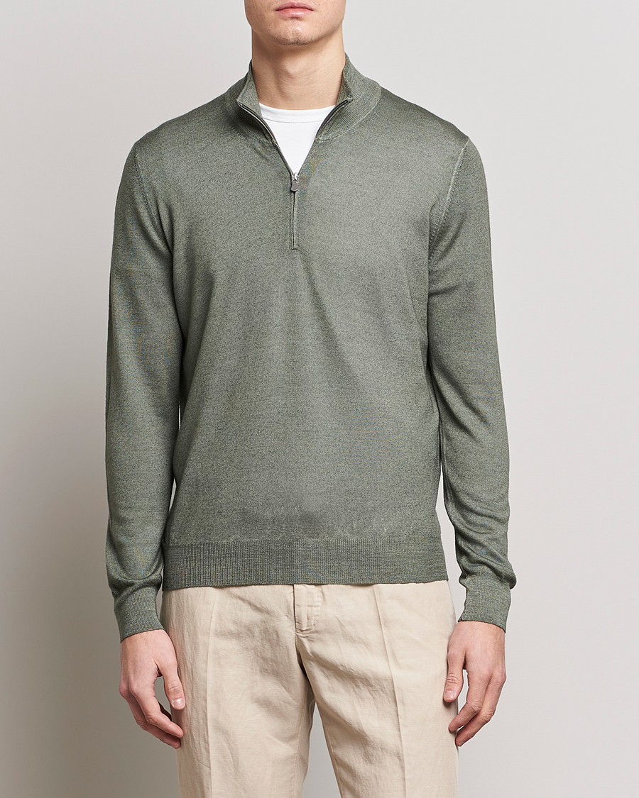 Herr | Tröjor | Gran Sasso | Summer Merino Half Zip Sweater Green Melange