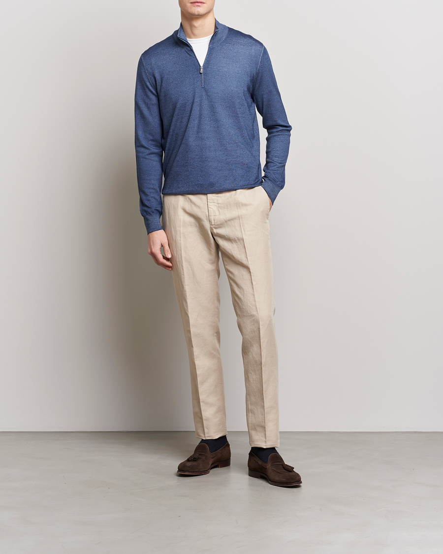Herr | Tröjor | Gran Sasso | Summer Merino Half Zip Sweater Blue Melange