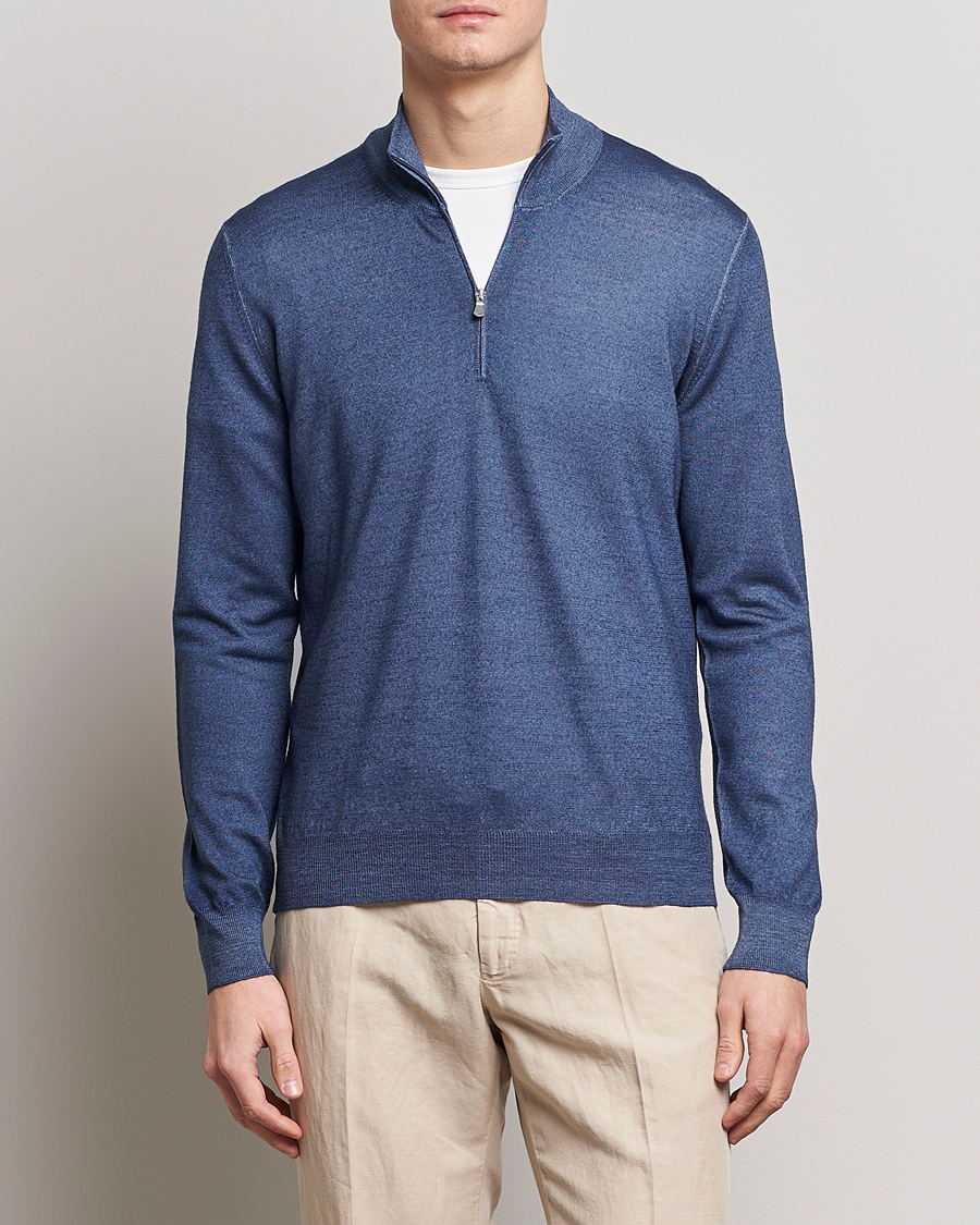 Herr | Tröjor | Gran Sasso | Summer Merino Half Zip Sweater Blue Melange