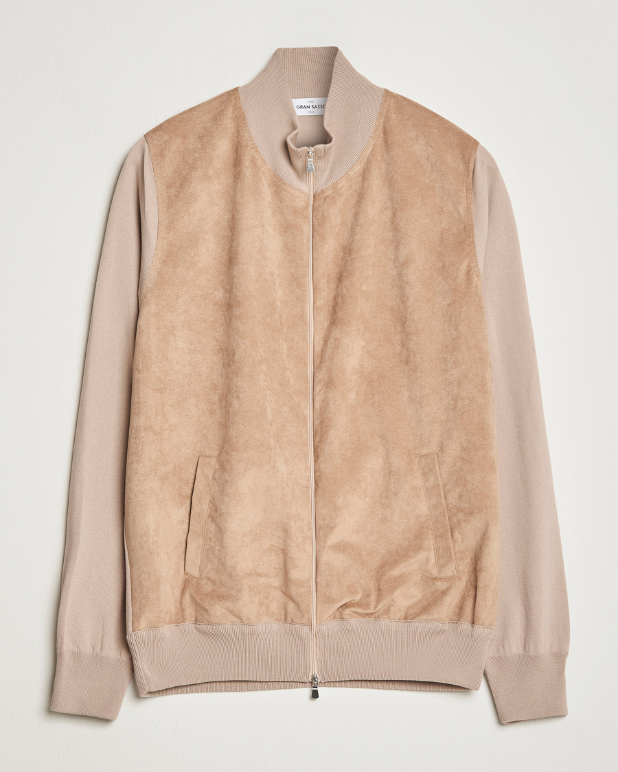Herr | Tröjor | Gran Sasso | Knitted Cotton/Alcantara Full Zip Beige
