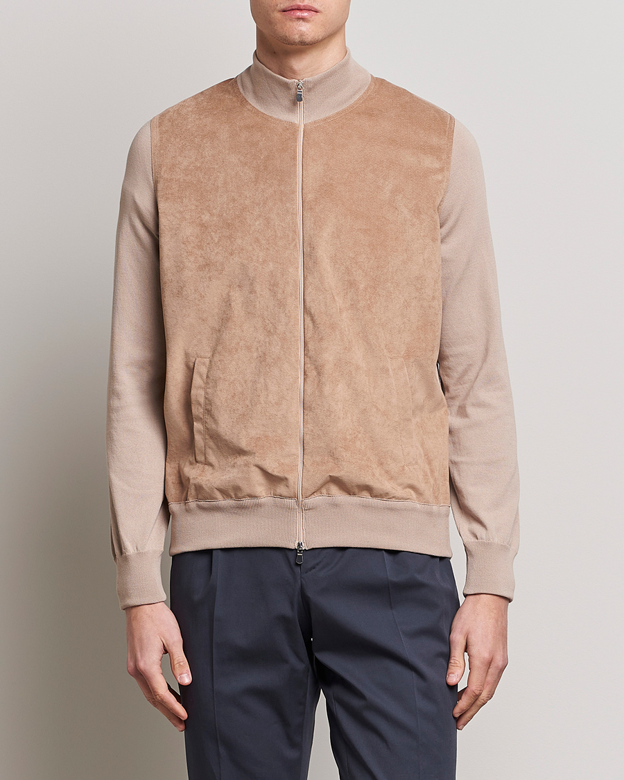 Herr | Tröjor | Gran Sasso | Knitted Cotton/Alcantara Full Zip Beige