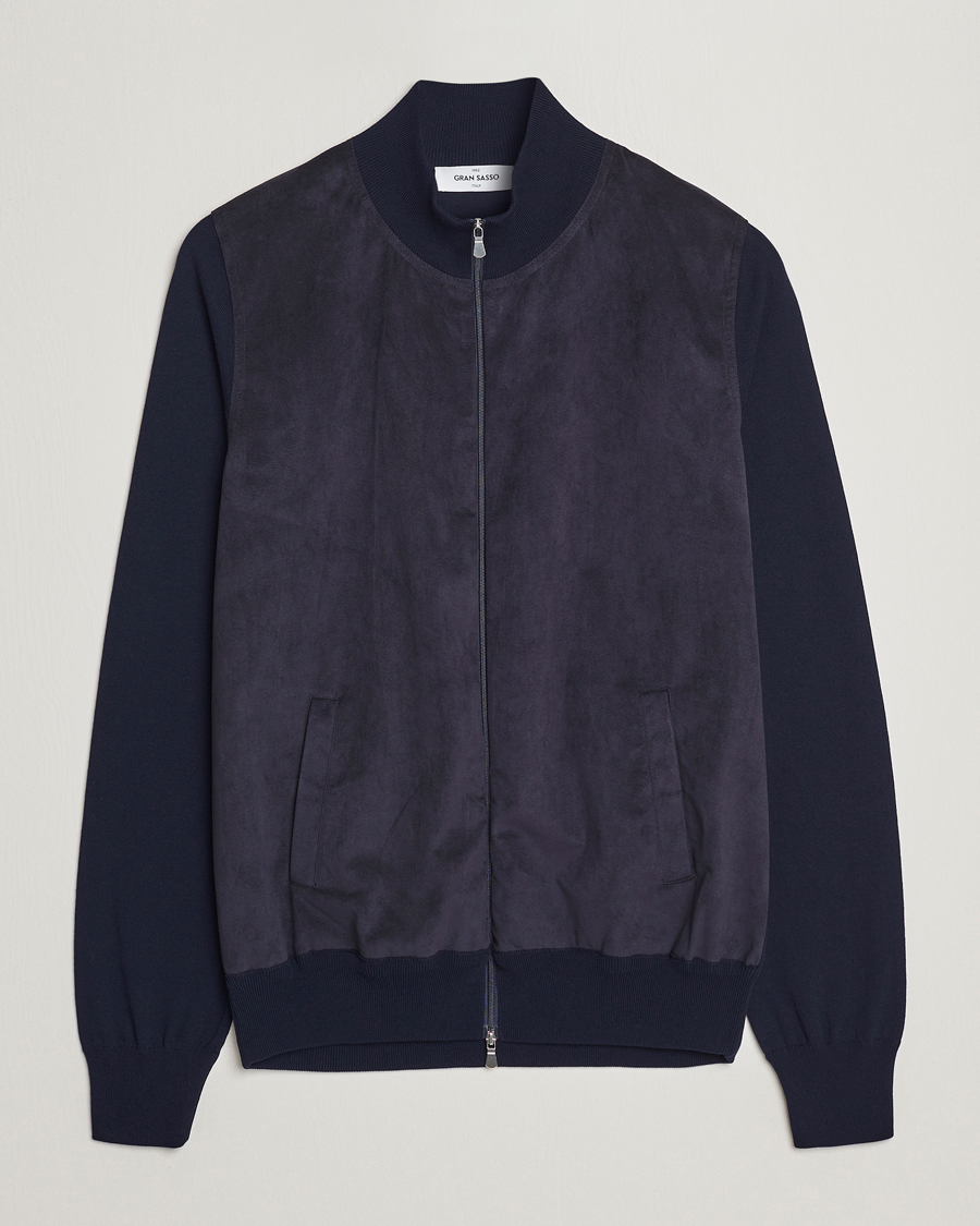 Herr | Tröjor | Gran Sasso | Knitted Cotton/Alcantara Full Zip Navy