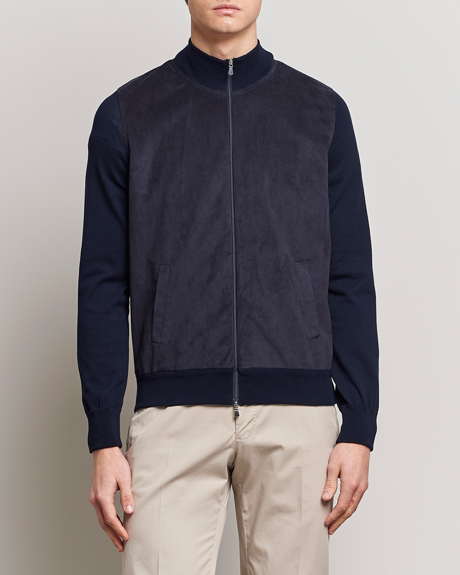 Herr | Tröjor | Gran Sasso | Knitted Cotton/Alcantara Full Zip Navy