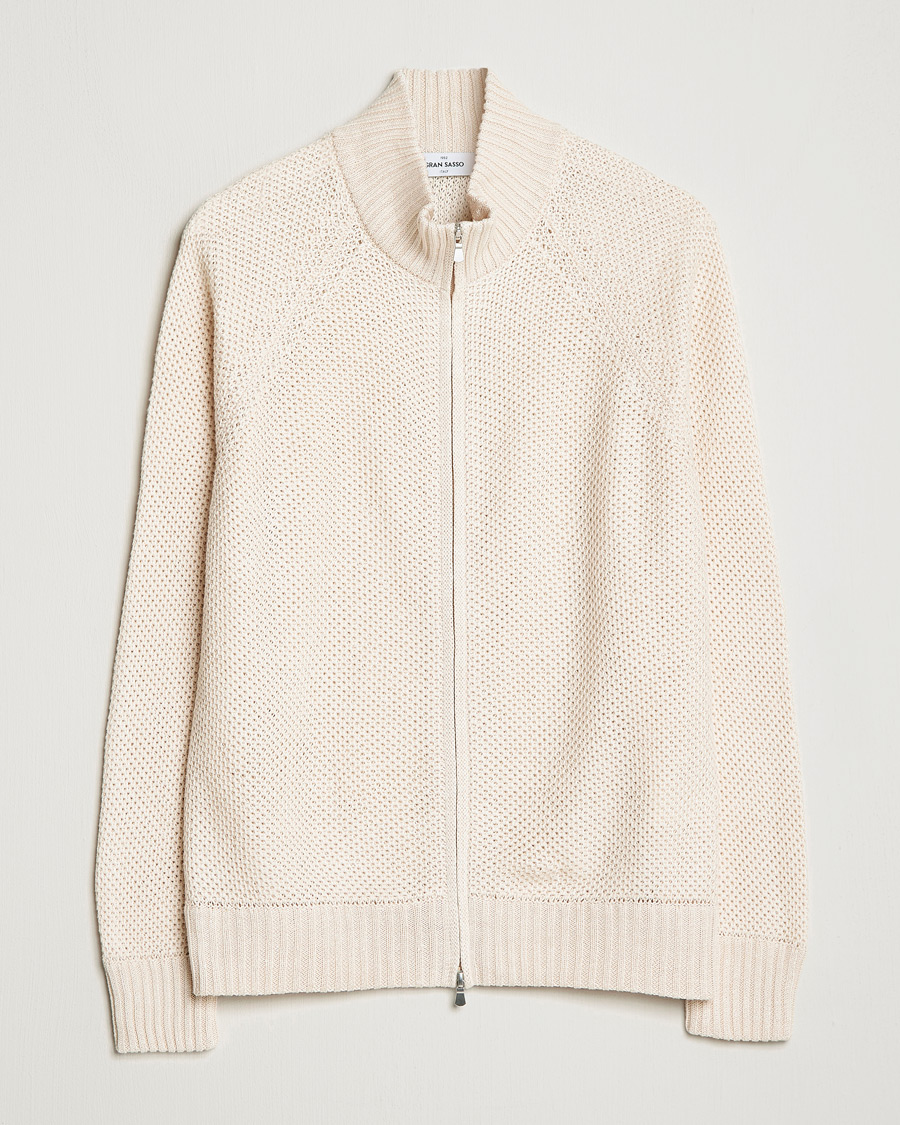 Herr | Tröjor | Gran Sasso | Structured Cotton/Linen Full Zip Cream