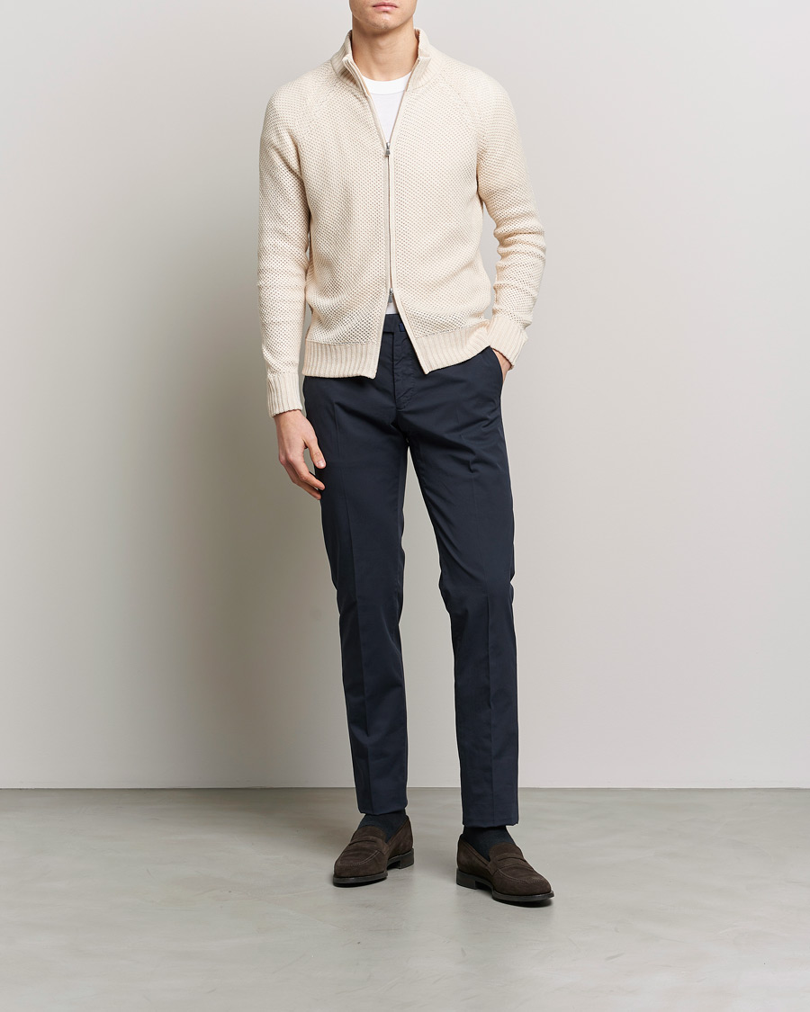 Herr | Tröjor | Gran Sasso | Structured Cotton/Linen Full Zip Cream