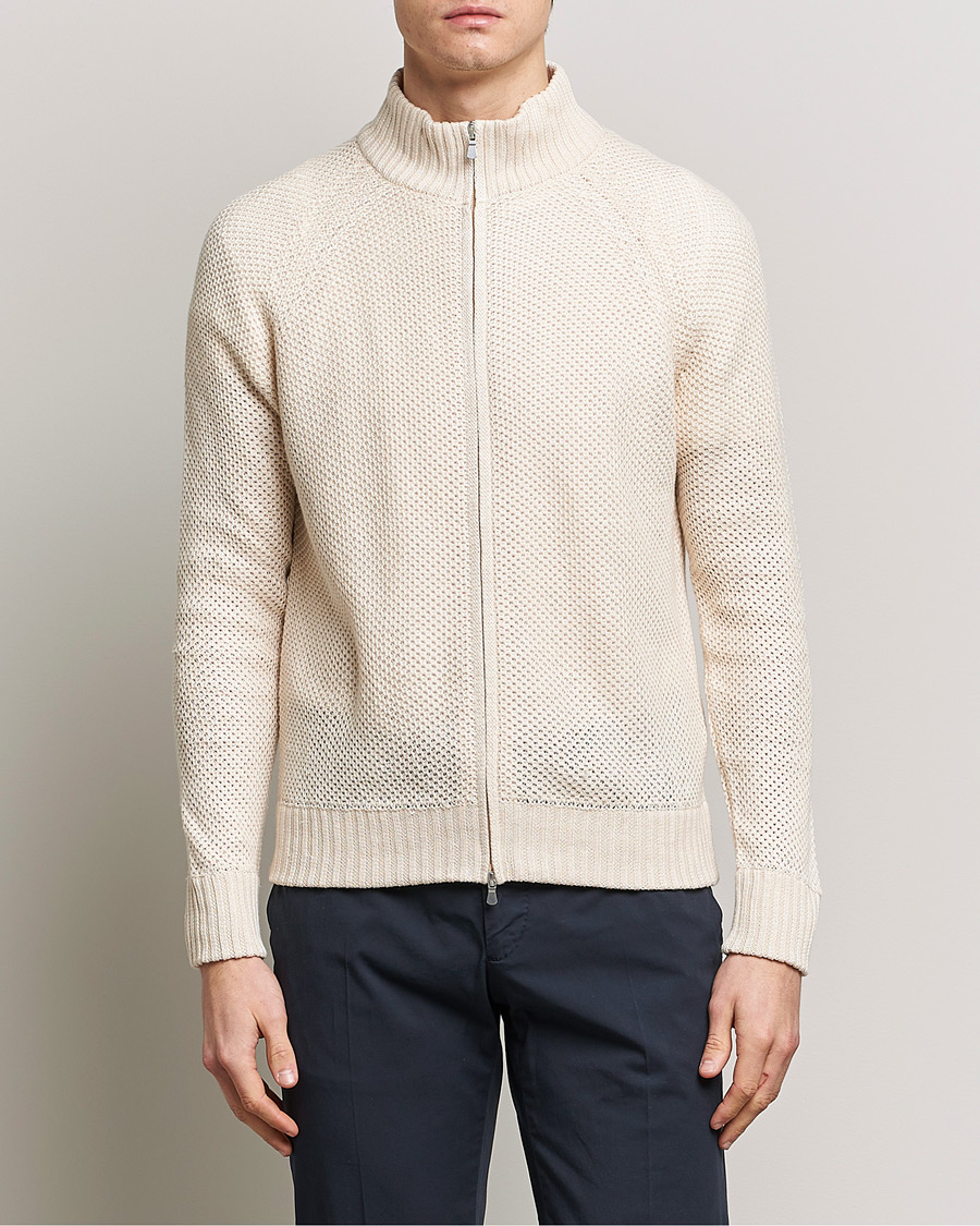 Herr | Tröjor | Gran Sasso | Structured Cotton/Linen Full Zip Cream