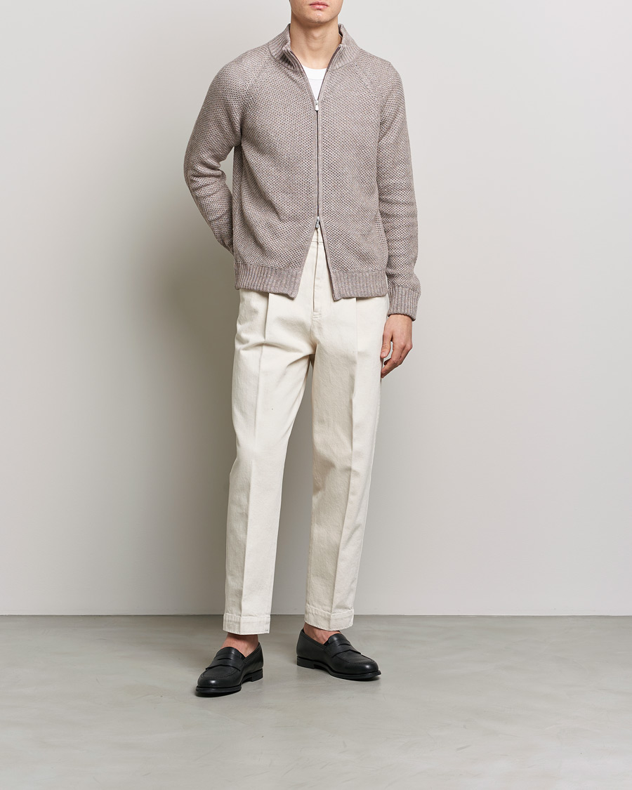 Herr | Tröjor | Gran Sasso | Structured Cotton/Linen Full Zip Beige Melange