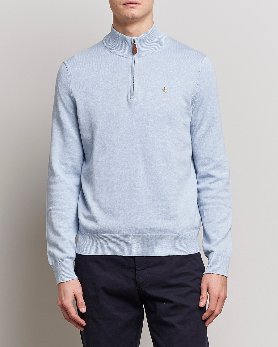 Herr | Tröjor | Morris | Harold Cotton/Linen Summer Half Zip Light Blue