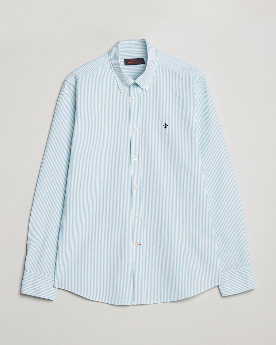 Herr | Skjortor | Morris | Seersucker Button Down Shirt Aqua/White