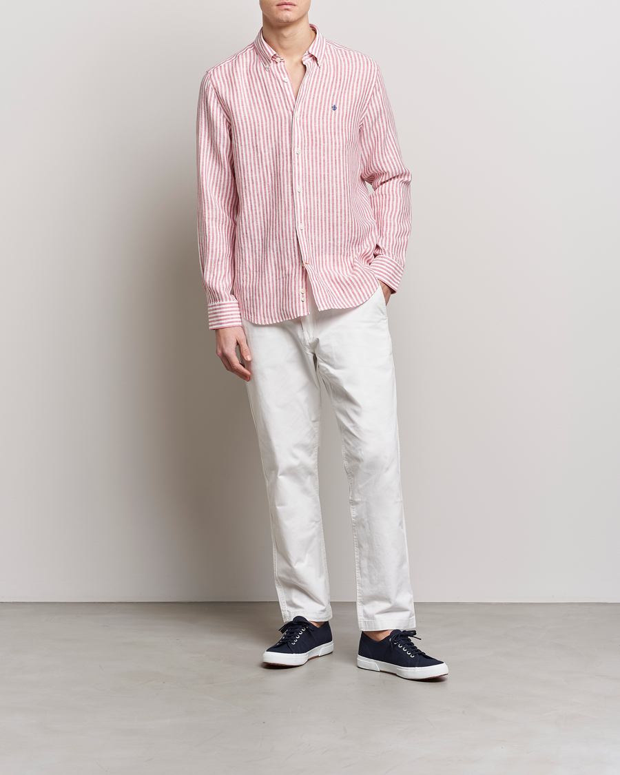 Herr | Skjortor | Morris | Douglas Linen Button Down Striped Shirt Orange/White