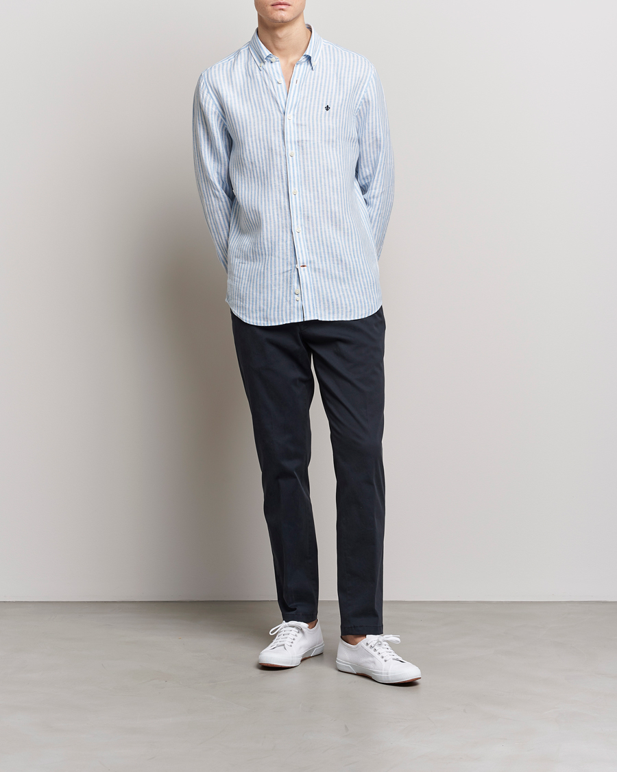 Herr | Skjortor | Morris | Douglas Linen Button Down Striped Shirt Blue/White