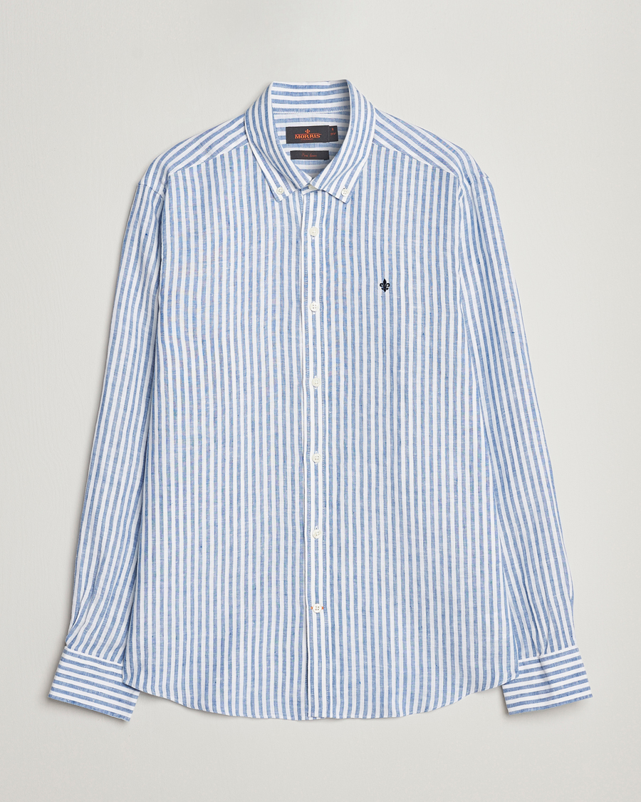 Herr | Skjortor | Morris | Douglas Linen Button Down Striped Shirt Navy/White