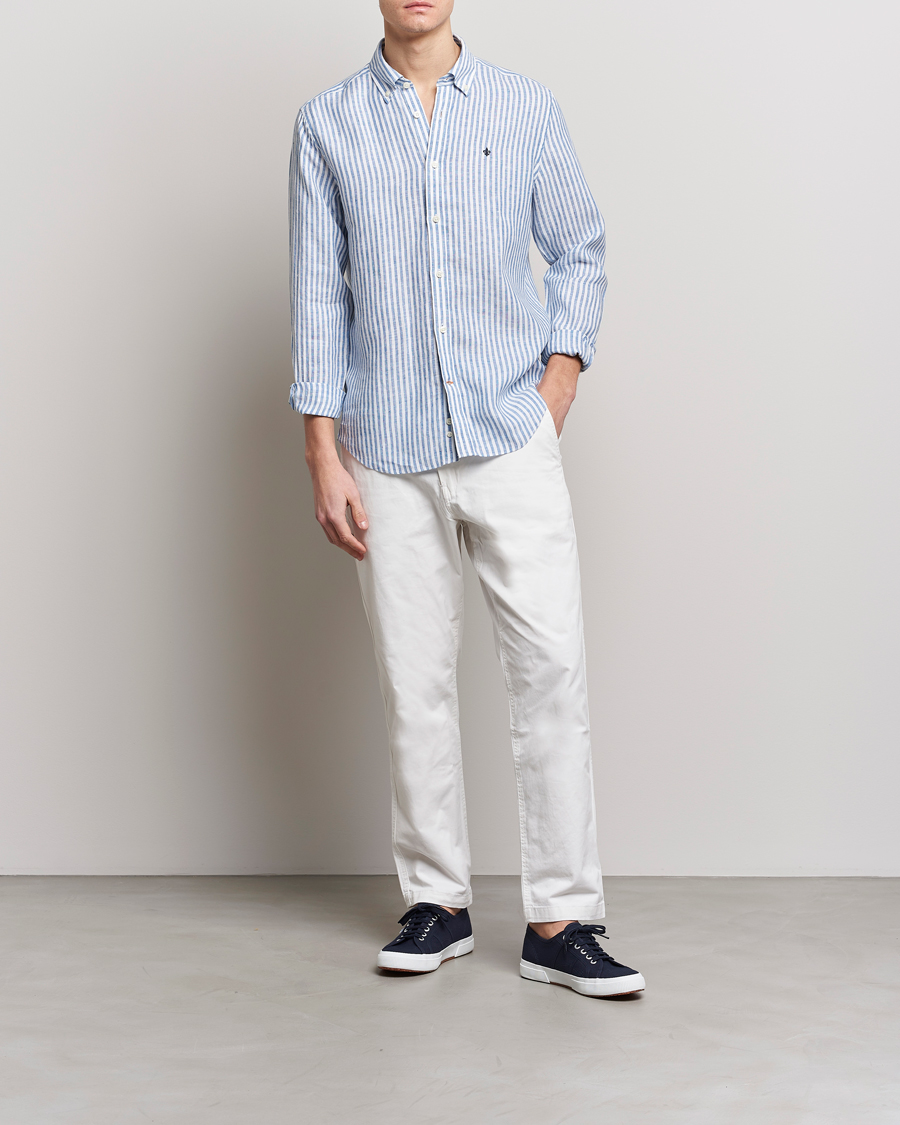 Herr | Skjortor | Morris | Douglas Linen Button Down Striped Shirt Navy/White