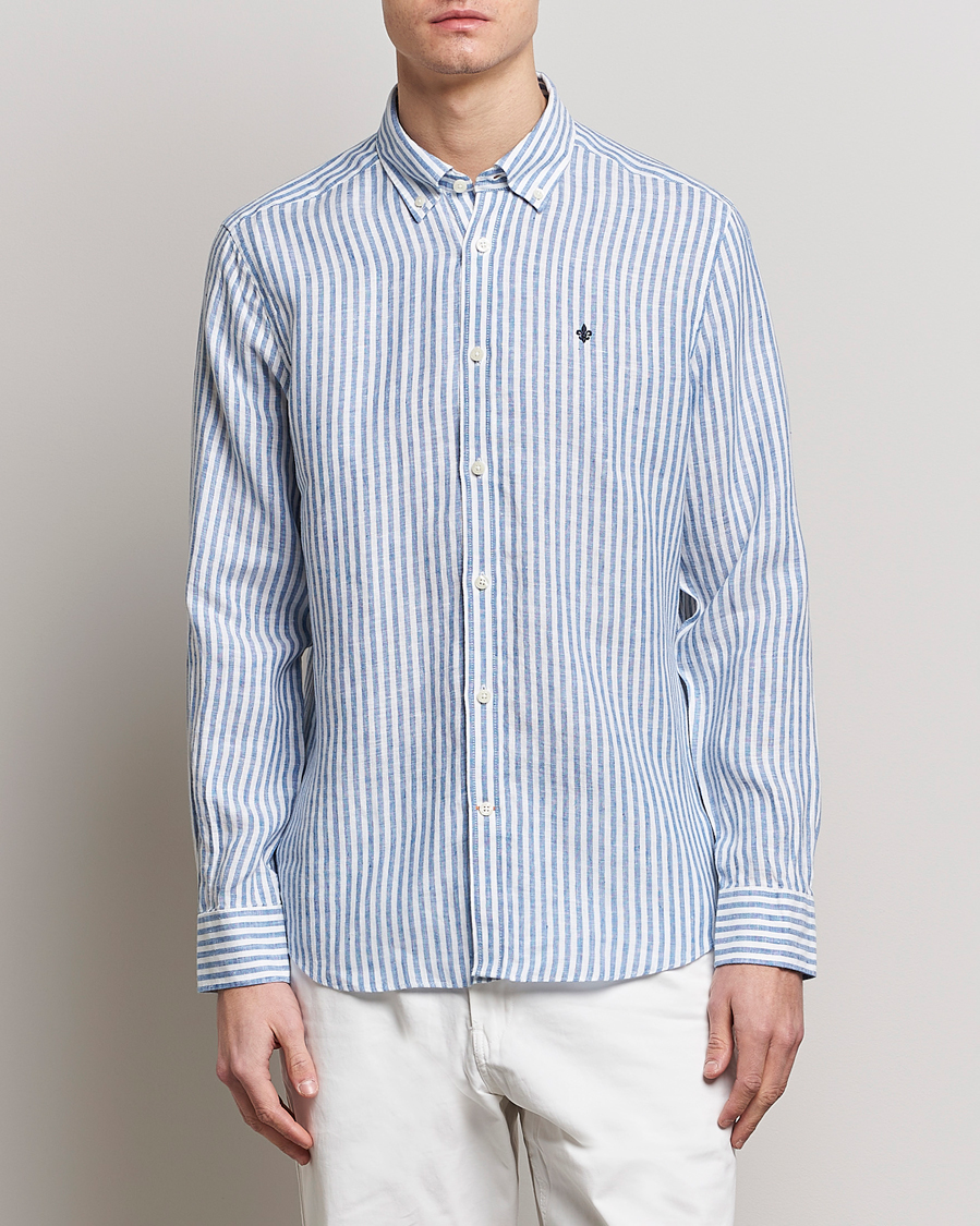 Herr | Linneskjortor | Morris | Douglas Linen Button Down Striped Shirt Navy/White