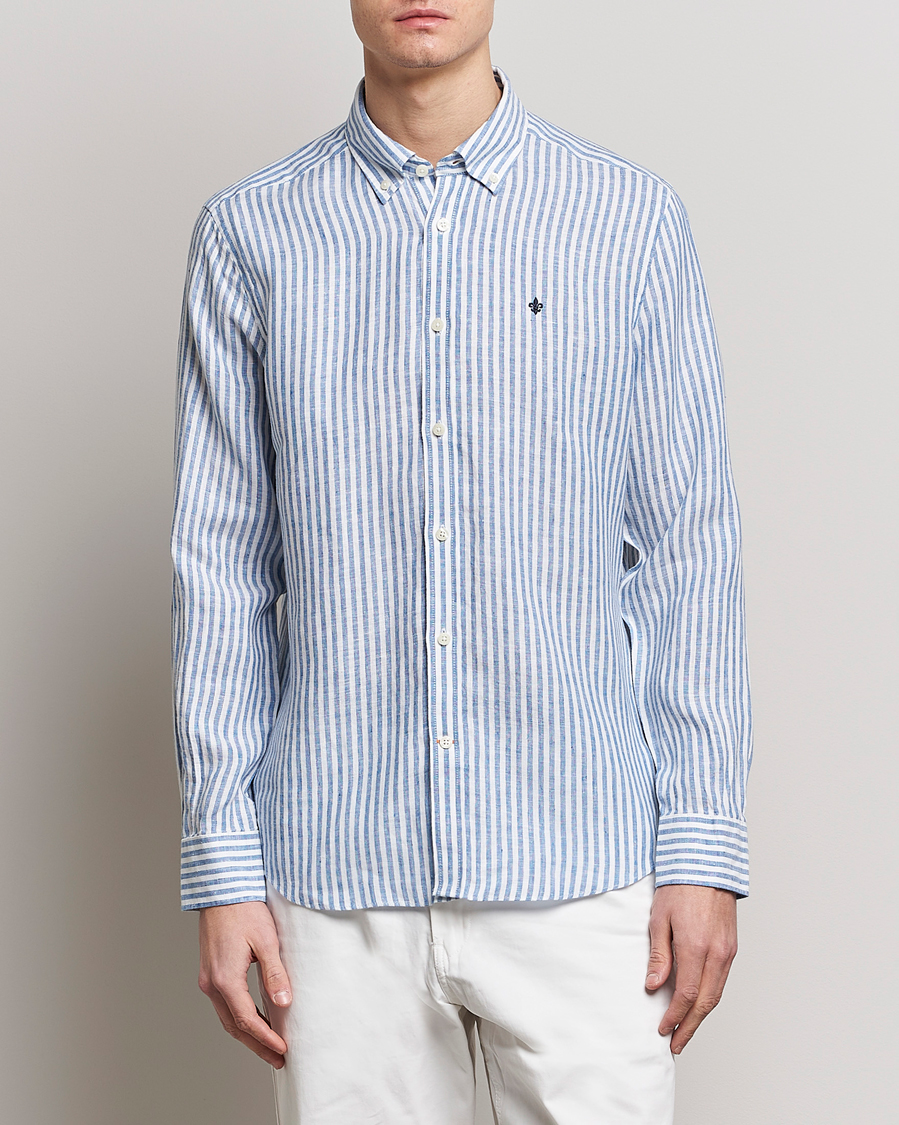 Herr | Skjortor | Morris | Douglas Linen Button Down Striped Shirt Navy/White