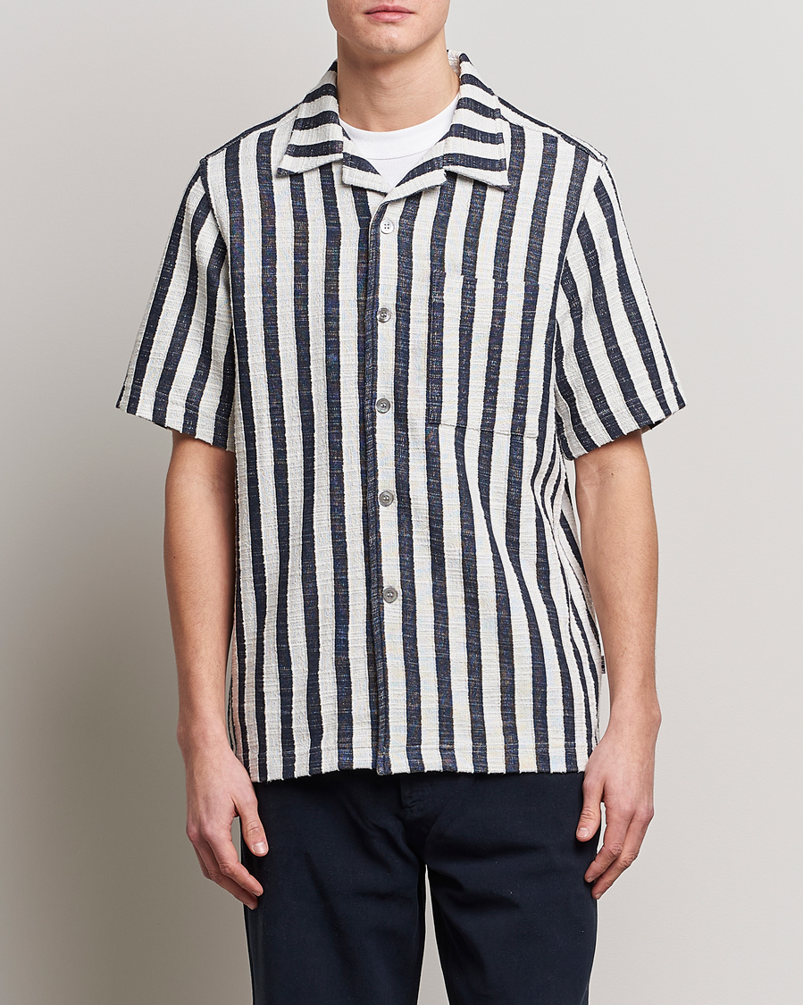 Herr | Kortärmade skjortor | NN07 | Julio Knitted Striped Resort Collar Shirt Navy/Stripe