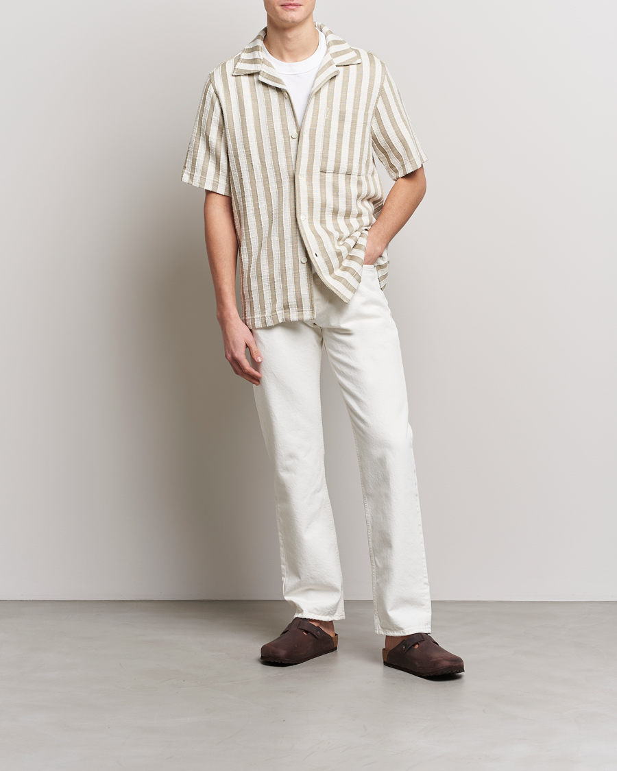 Herr | Skjortor | NN07 | Julio Knitted Striped Resort Collar Shirt Green/White