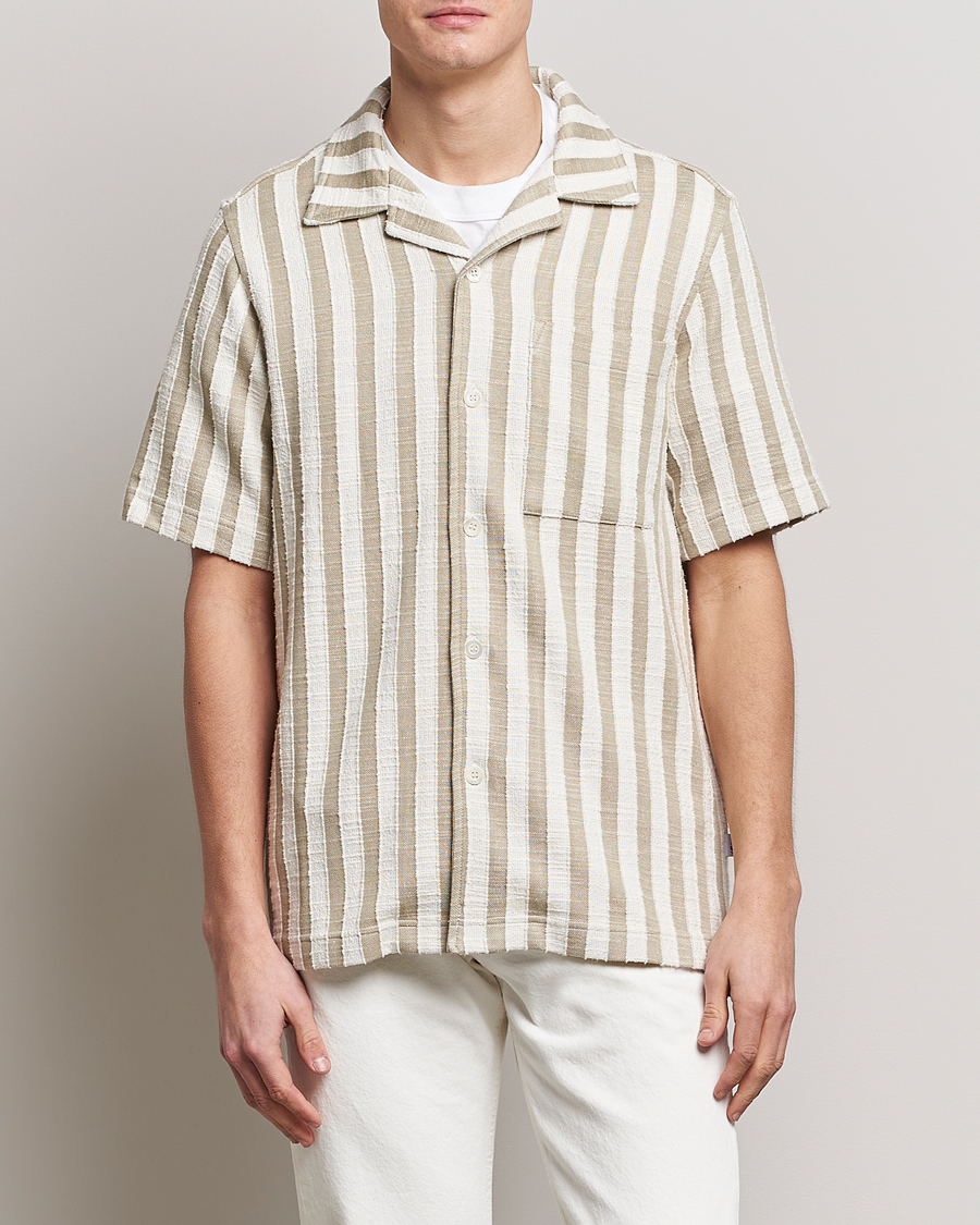 Herr | Kortärmade skjortor | NN07 | Julio Knitted Striped Resort Collar Shirt Green/White