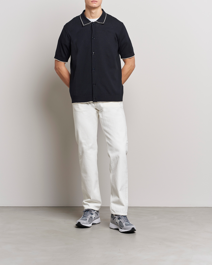 Herr | Skjortor | NN07 | Nolan Knitted Short Sleeve Shirt Navy Blue