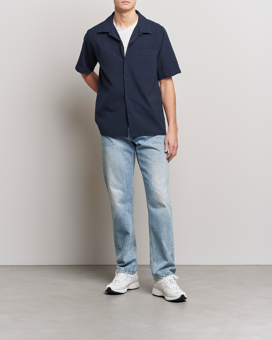 Herr | Skjortor | NN07 | Julio Seersucker Short Sleeve Shirt Navy Blue