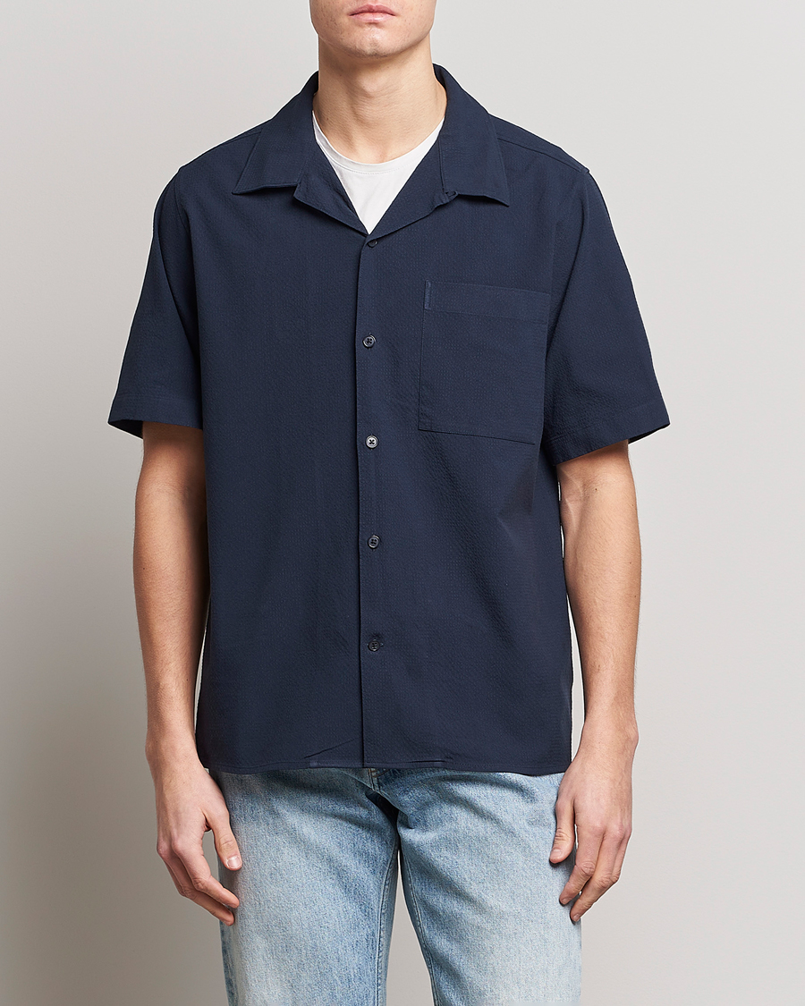 Herr | Kortärmade skjortor | NN07 | Julio Seersucker Short Sleeve Shirt Navy Blue