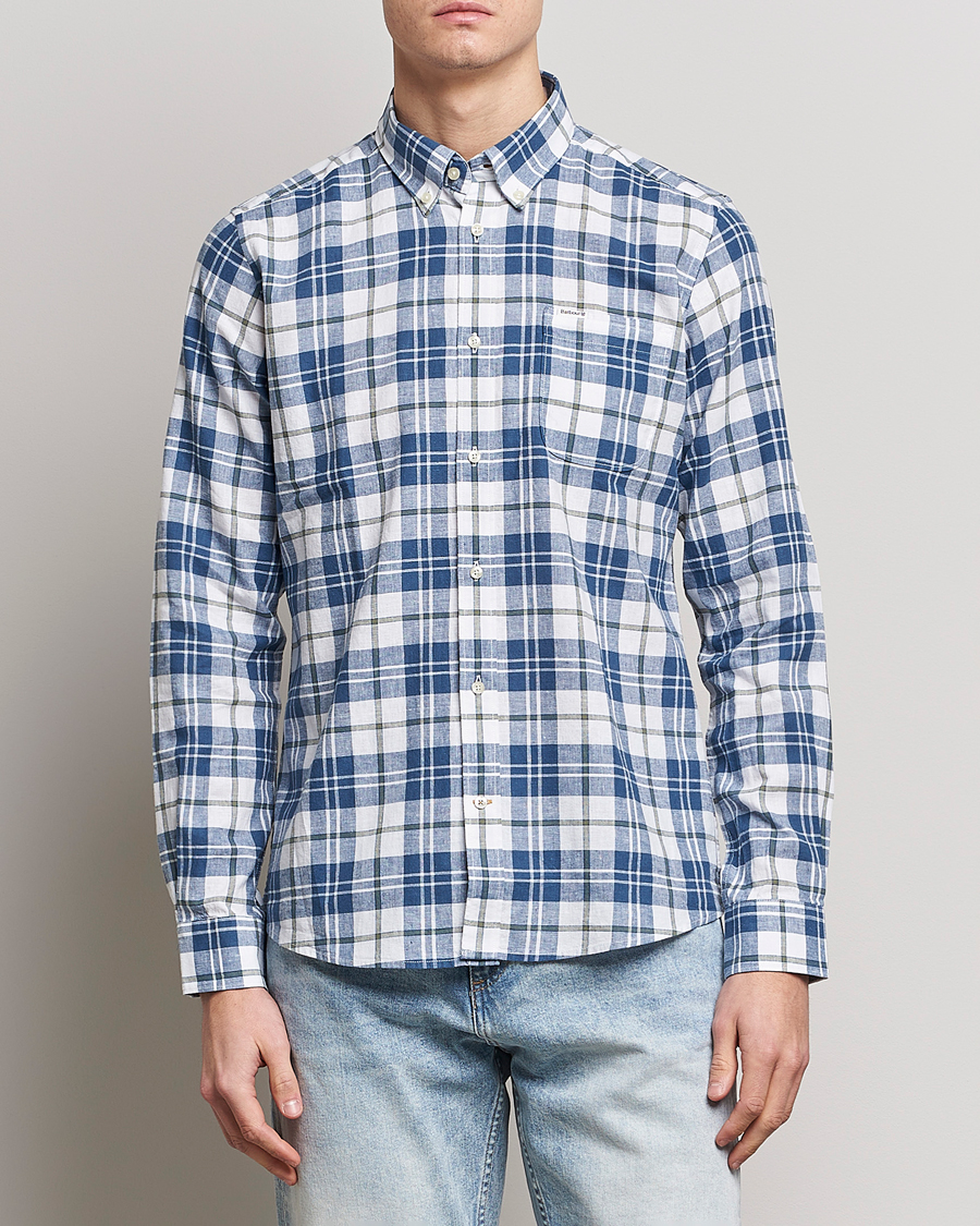 Herr | Casualskjortor | Barbour Lifestyle | Tailored Fit Thorpe Cotton/Linen Checked Shirt Blue