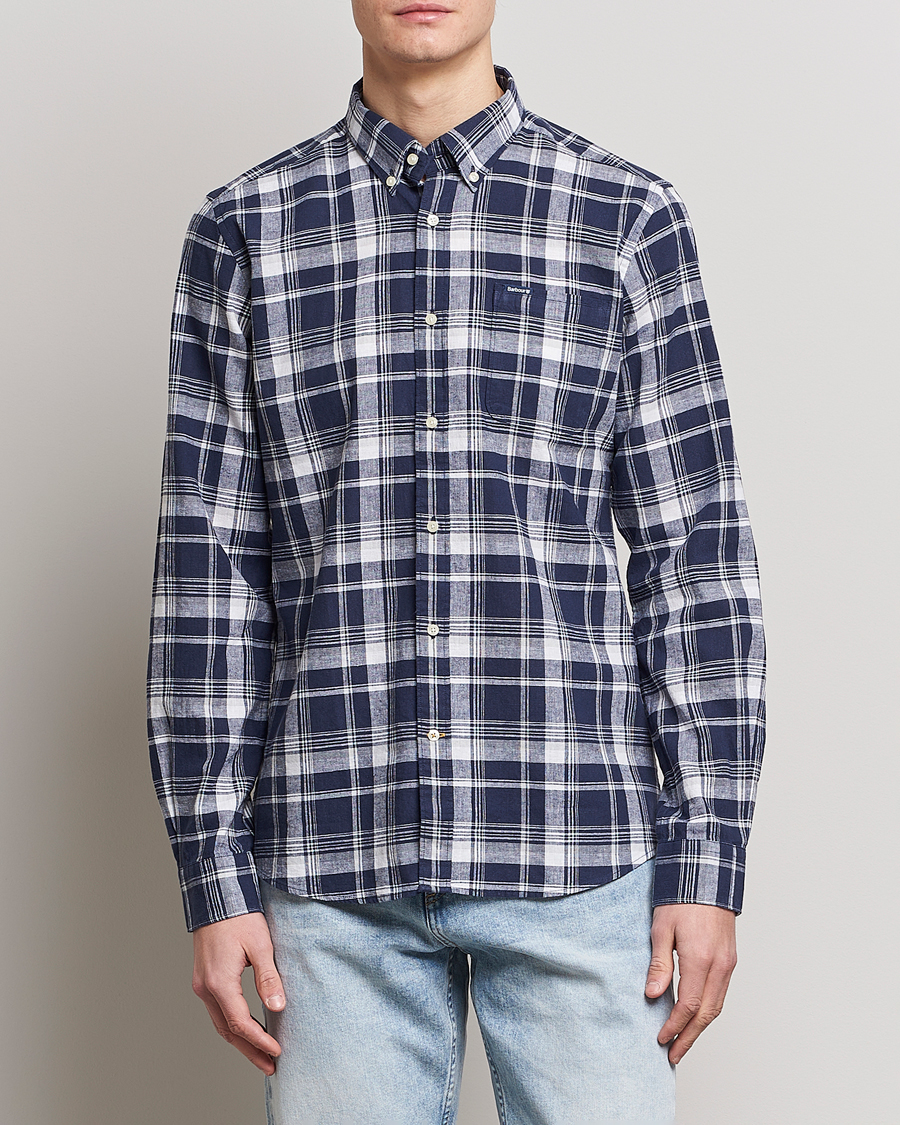 Herr | Skjortor | Barbour Lifestyle | Tailored Fit Ezra Cotton/Linen Checked Shirt Navy