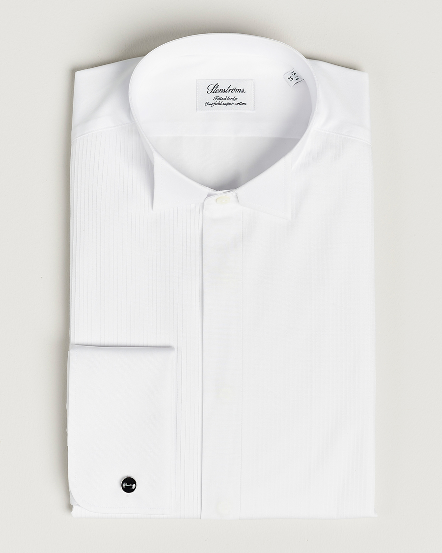 Herr | Skjortor | Stenströms | Fitted Body Stand Up Collar Plissè Shirt White