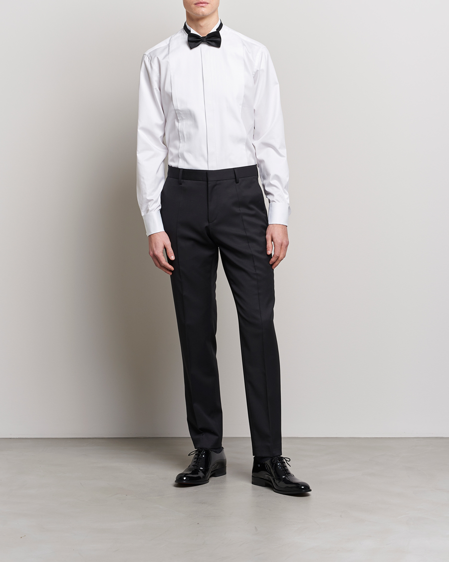 Herr | Black Tie | Stenströms | Fitted Body Stand Up Collar Plissè Shirt White